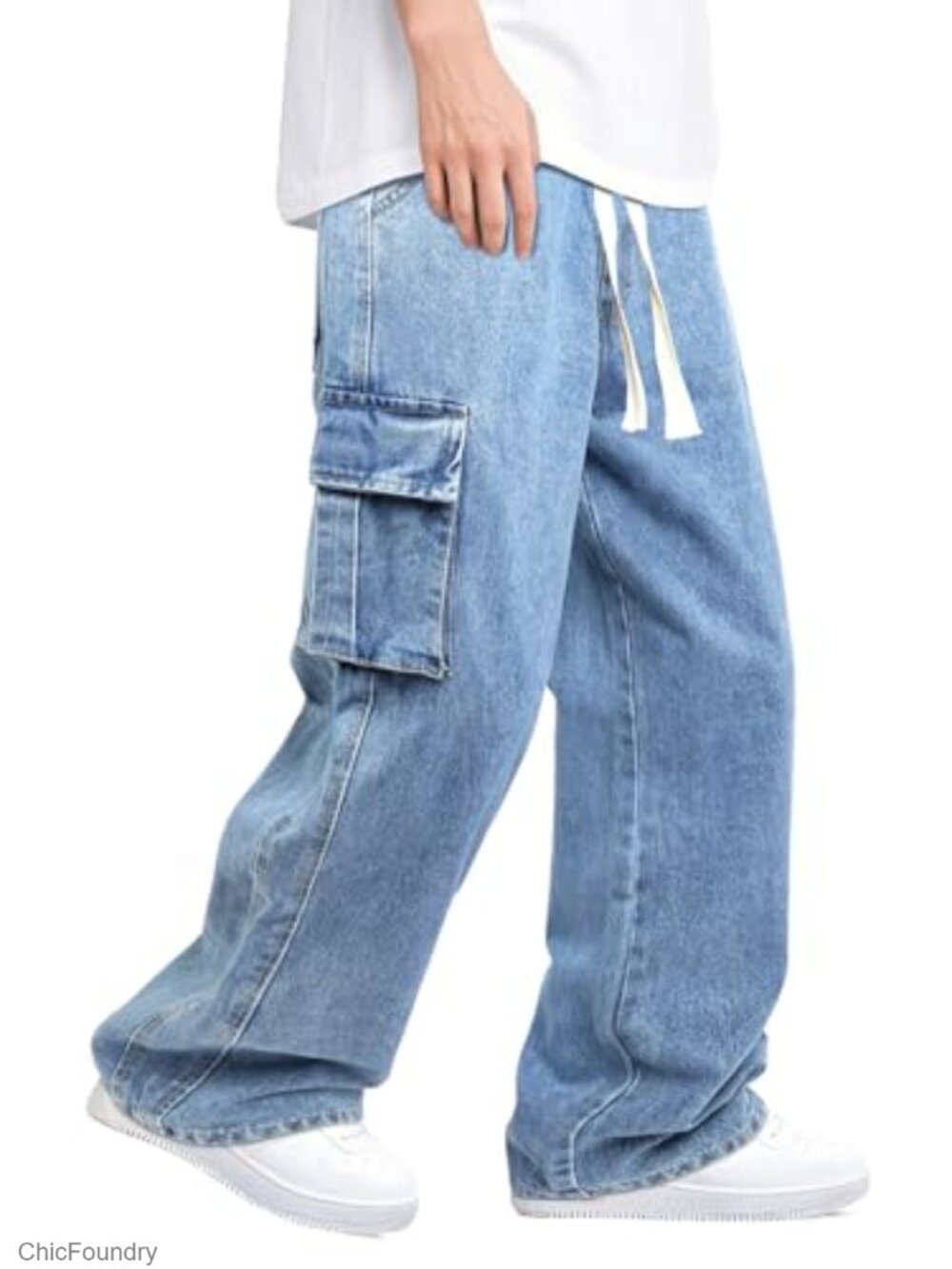 Elastic Waist Baggy Jeans with Drawstring Streetwear Denim Pants